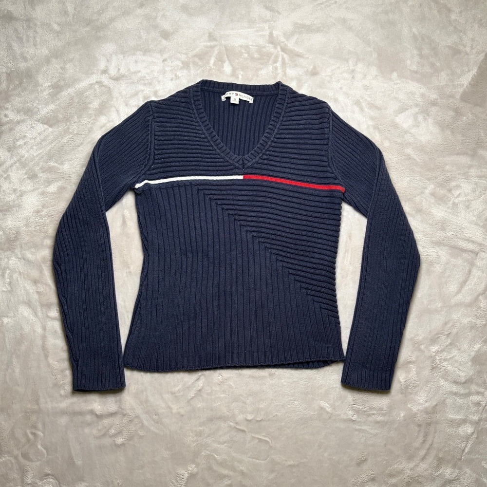 Vtg Tommy Hilfiger Geometric Ribbed Sweater Womens M Blue V-Neck 90s Y2K Preppy